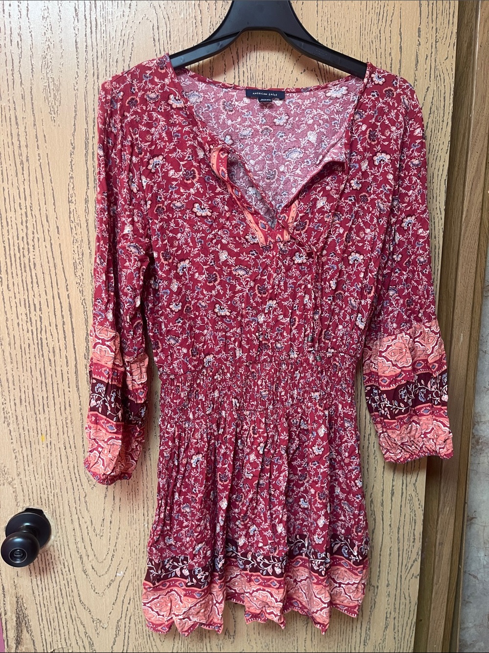 American Eagle Outfitters Red Floral Long-Sleeve Smocked Dress